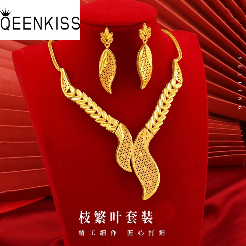 

QEENKISS 24KT Gold Jewelry Set For Women Leaf Necklace+Stud Earring Fine Wholesale Jewelry Wedding Party Bride Ladies Gift JS527