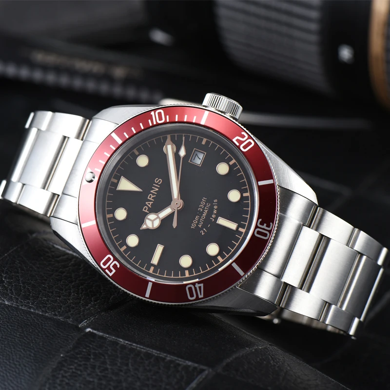 Luxury Parnis 41 มม.สีแดง BEZEL นาฬิกาผู้ชายอัตโนมัตินาฬิกาสร้อยข้อมือสแตนเลส Sapphire คริสตัลนาฬิกาผู้ชาย reloj hombre