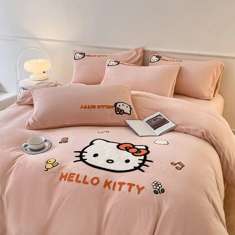 Hello Kitty Cat Milk Velvet Bed Sheet Four-Piece Winter Duvet Cover Plus Pile Double-Sided Fleece Student Bed Three-Piece Set