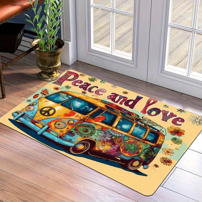 1pc 2D Flat Retro Hippie Bus Peace And Love Text Flannel Door Mat Non Slip Vintage Carpet For Entryway Patio Home Decor