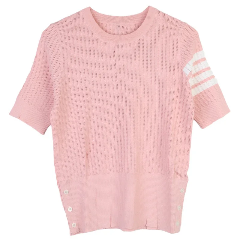 Women Casual Short Sleeved Knitted Sweater with Contrasting Colors Hollowed Out Slim Fit Four Stripe O Neck Knitted Shirt Top