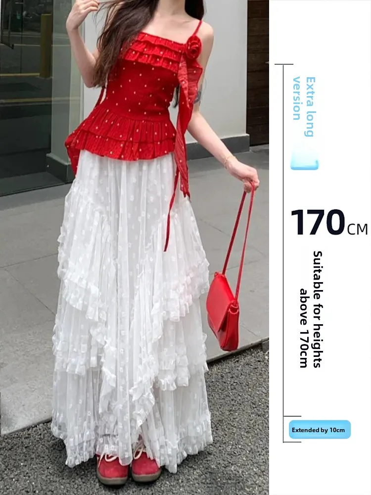 

Elegant Lengthened Asymmetrical Lace Skirt Women's Spring Summer 2026 High Waist Korean Style Cake Half Skirt Commute