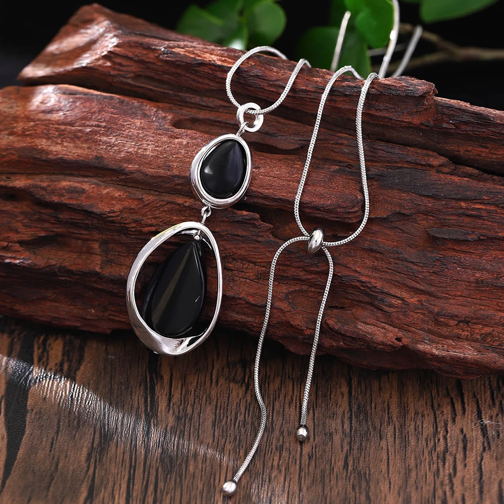 Fashion Silver Color Geometric Black Stone Pendant Necklace for Women Accessories Trendy Long Necklaces Daily Party Jewelry Gift