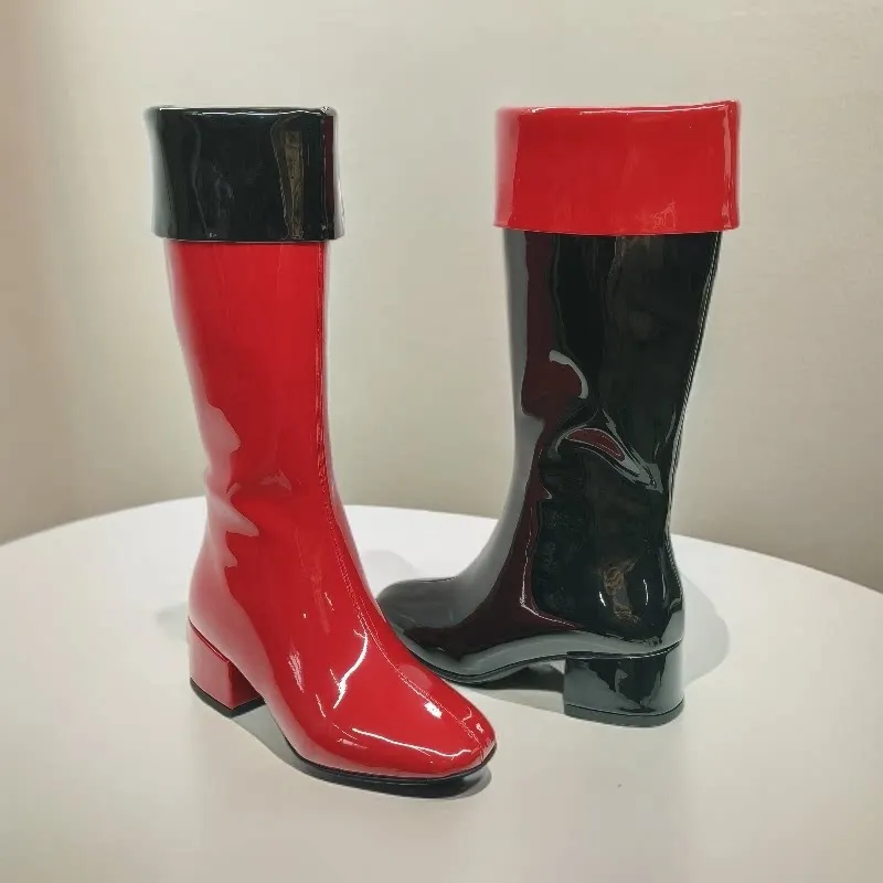 Women Two Tone Patent Leather Long Boots Color Blocking Mid High Thick Heel Stage Ladies Size Purple Pink Red Orange Dress Boots