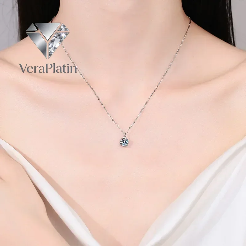 

VeraPlatin Daughter Birthday Gift 18K White Gold Girl Valentine's Day Necklaces 1CT Moissanite Diamond Women Wedding PT950 Plati