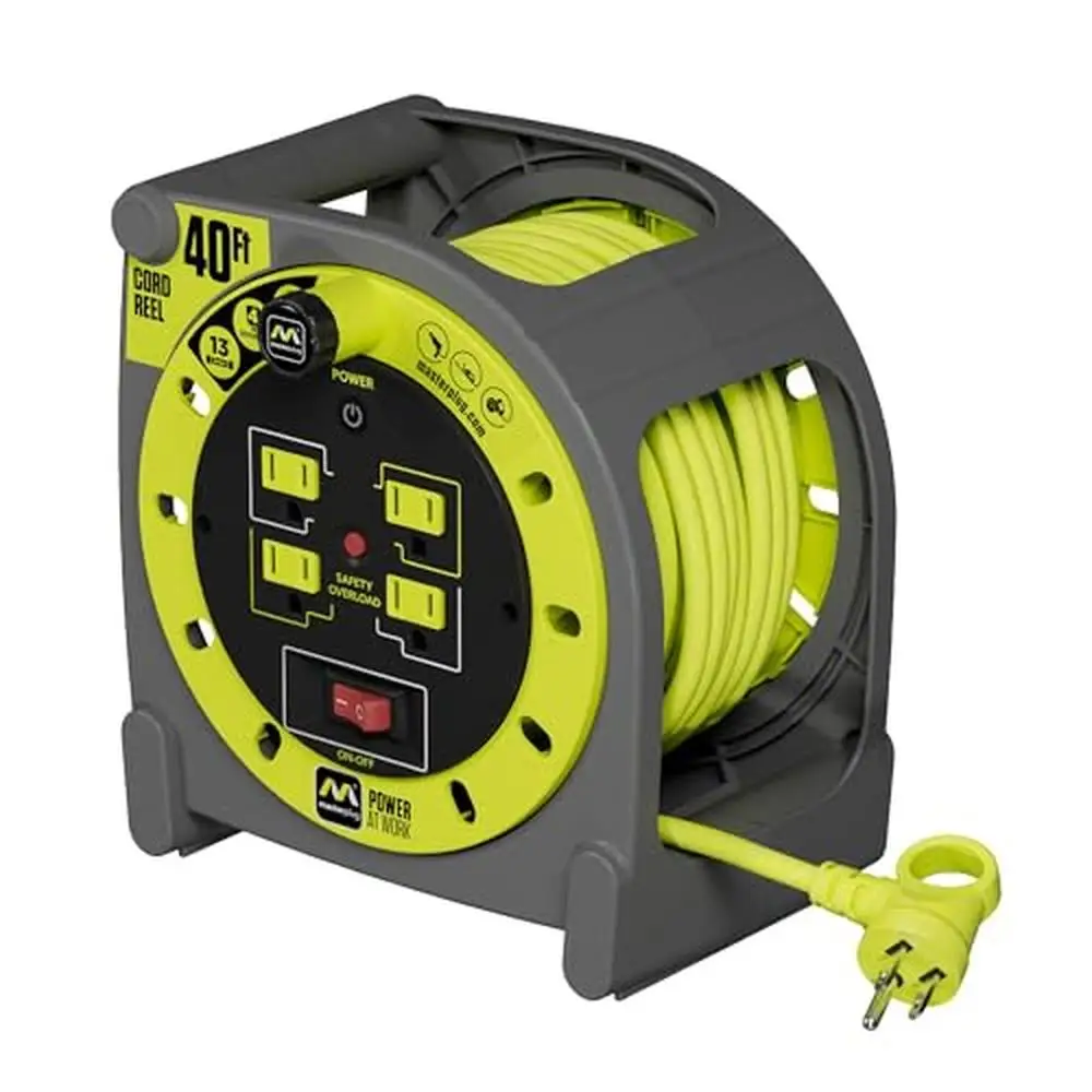 40ft Retractable Extension Lead with Safety Breaker & Power Switch 4 Outlets Reel Cord Winder Reel Overload Protection Grounded