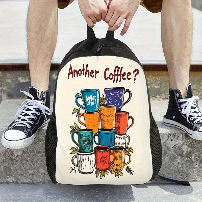 

1 coffee lover backpack with coffee cup design and "another cup" print - adjustable shoulder strap, zipper closure, durable bag