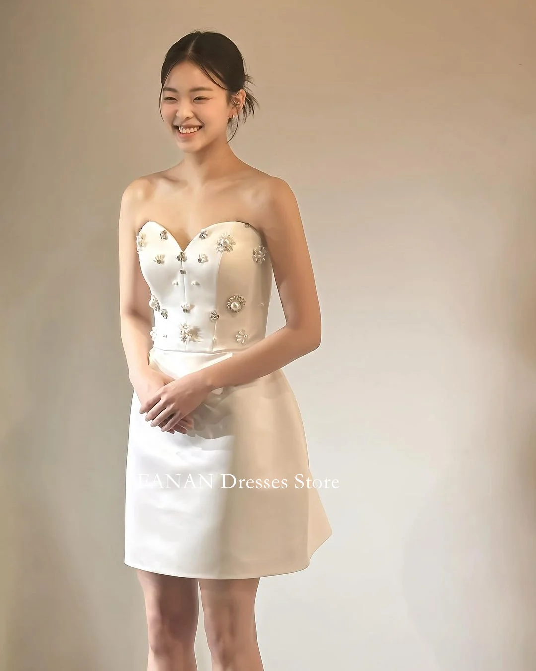 FANAN Strapless Korea Ivory Rhinestones Wedding Dresses 웨딩드레스 Sheath Satin Midi Short Custom Made Pretty  Bride Gowns Plus Size