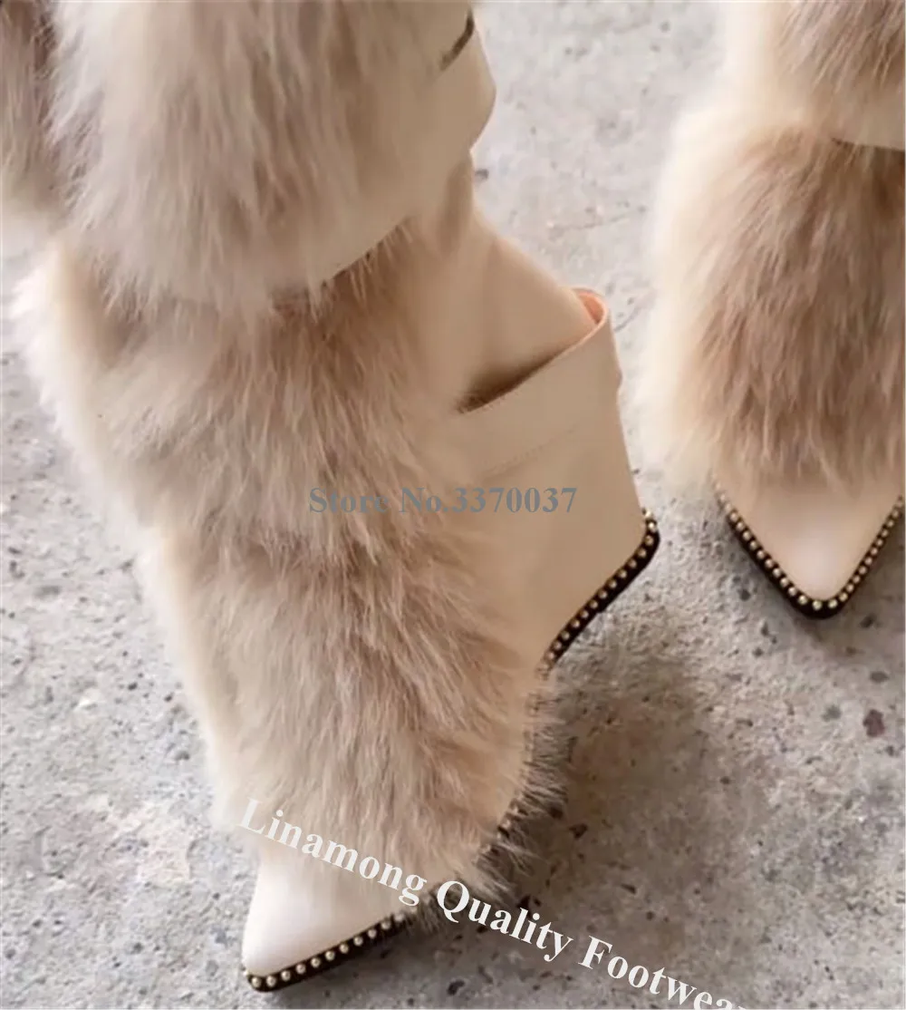 

Linamong Luxurious Real Fur Decorated Mid-calf Wedge Boots Pointed Toe Metal Buckles Black Beige Wedge Short Boots Rivets Boots