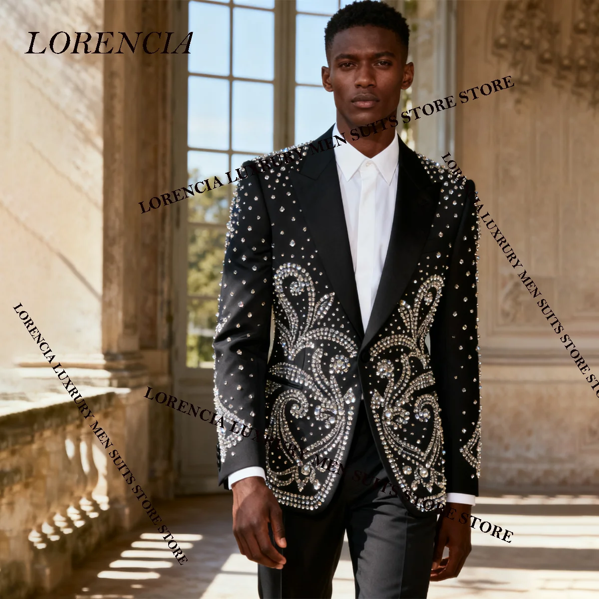 

African Men Suits High End Rhinestones Beaded Groom 2 Pieces Sets Customized Tuxedos Diamond Male Party Prom Blazer Ropa Hombre