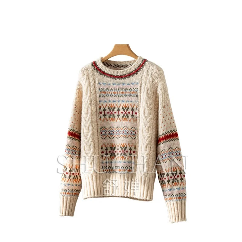 

100 Pure Cashmere Sweater Women's Fried Street Unique Retro Fair Island Jacquard Knitted Sweater Pullover 500g