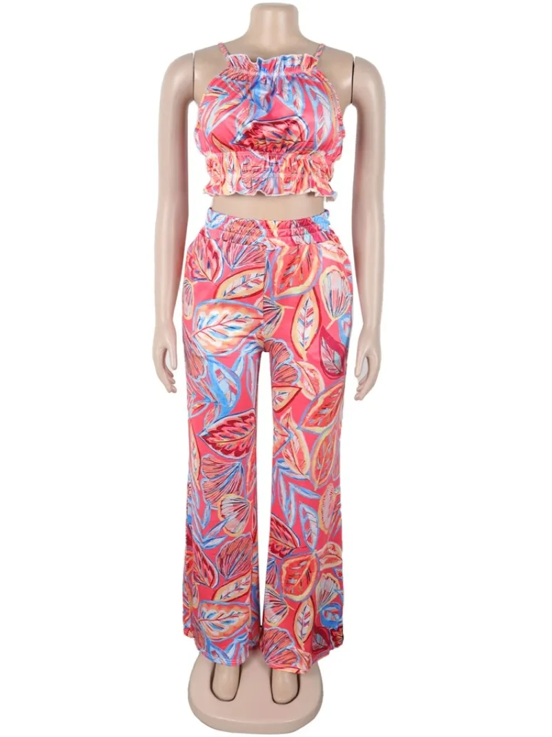 

Summer Vacation Halter Backless Crop Top and Wide Leg Pants Woman Floral Print Two Piece Set Boho Beach Club Outfits 2025