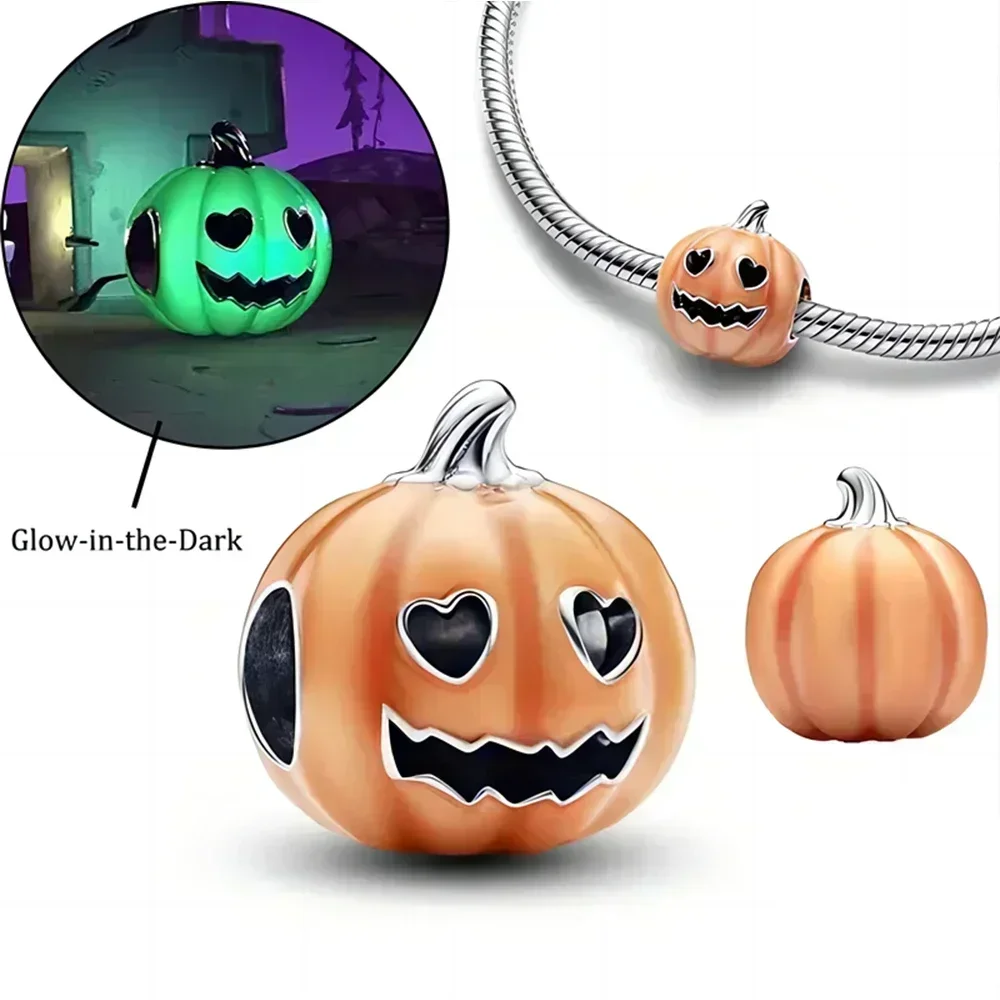 Happy Halloween 925 Sterling Silver Pumpkin Black Cat Charms Bead Pendant For Original Bracelet for Women Holiday Souvenirs Diy