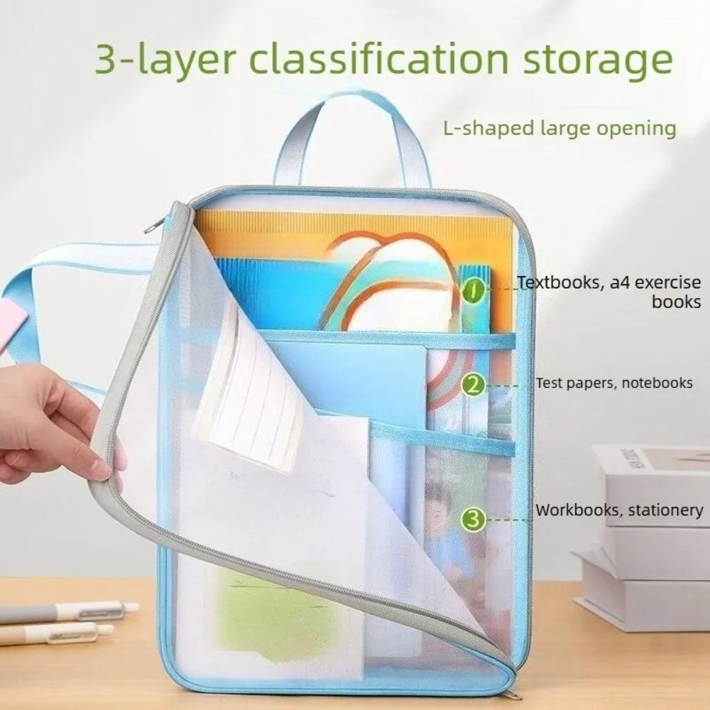 Clear Mesh Zipper Document Bag Hand Carry School Subject Storage Tote Bag Portable Homework Stationery Organiser Bag for Student