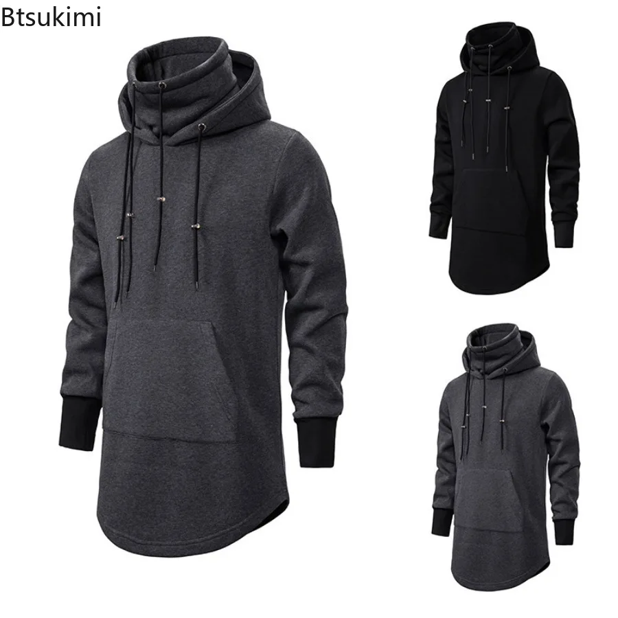 

New 2024 Men's Slim High Collar Sweatshirt Trend Big Pockets Loose Solid Hoodies Casual Long Style Pullover Hooded Coats for Men