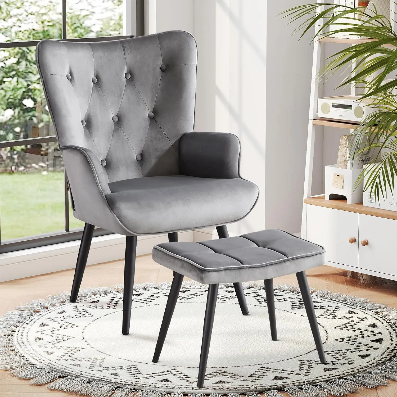 Velvet Wingback Accent Chair & Ottoman Set, Tufted Button Backrest Metal Legs, Bedroom Living Room Reading, Grey, Customized
