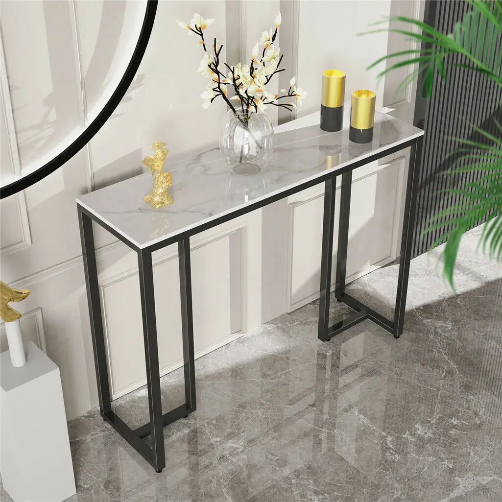 LUVODI 1m Modern Console Table White Long Entryway Foyer Marble Sofa Behind Table with Black Metal Legs