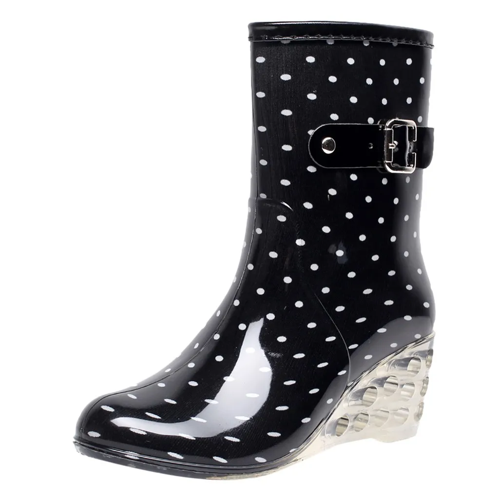 Punk Low Length Snow Boots Women's Non-Slip Dot Print Transparent Side Zipper Rain Boots Outdoor Wedge High Heels Water Shoes