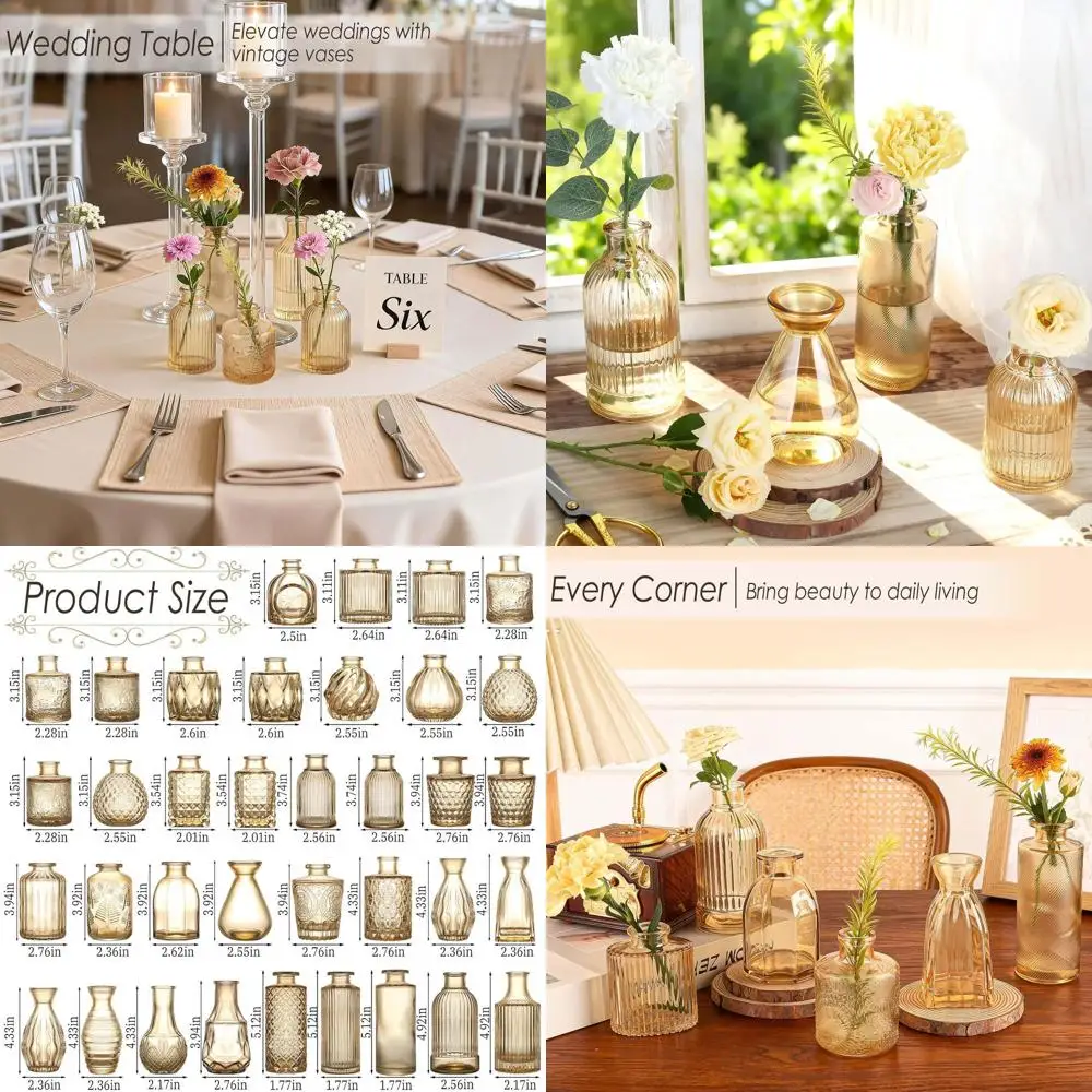 

Набор из 36 мини-ваз из янтарного стекла с золотыми акцентами для свадебных композиций, винтажный декор для мероприятий и дома