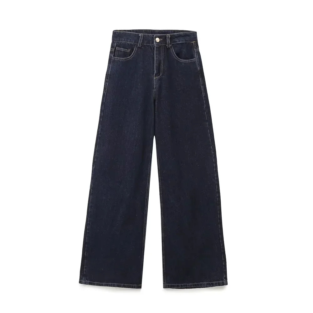 PB&ZA jeans, dark blue high waisted straight leg pants, women's autumn design, slightly flared wide leg pants