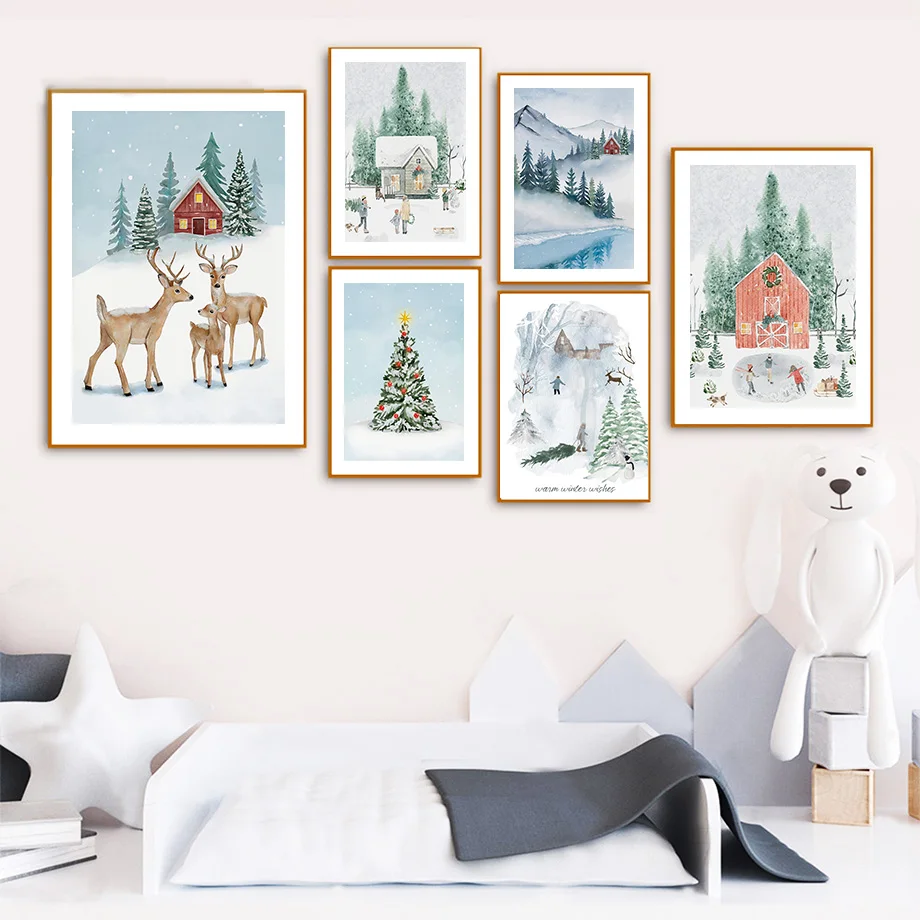 Christmas Tree Deer Snowman Snow Mountain River Winter Wall Art Canvas Painting Posters And Prints Wall Pictures Kids Room Decor