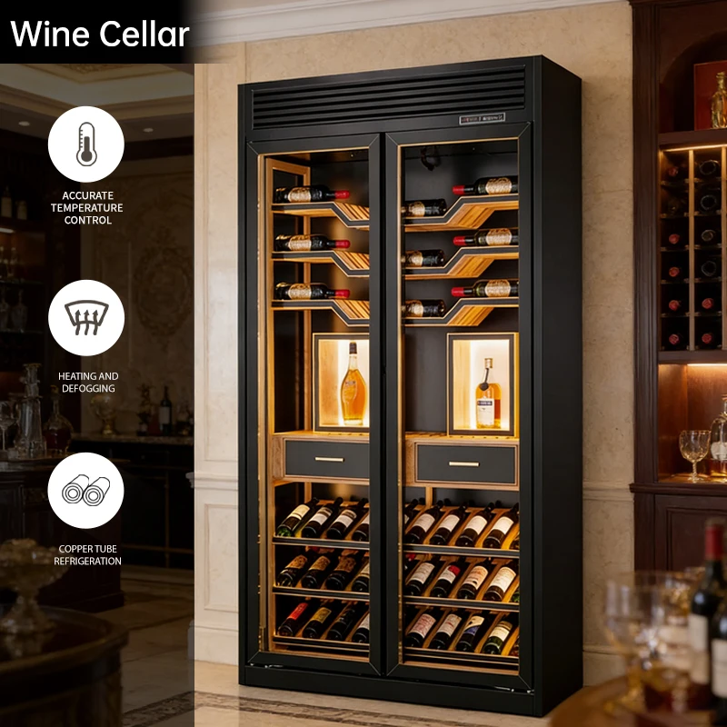 Vitrina para Bodega con Enfriamiento por Aire, Acero Inoxidable, Doble Temperatura, Personalizable, Acabado Dorado