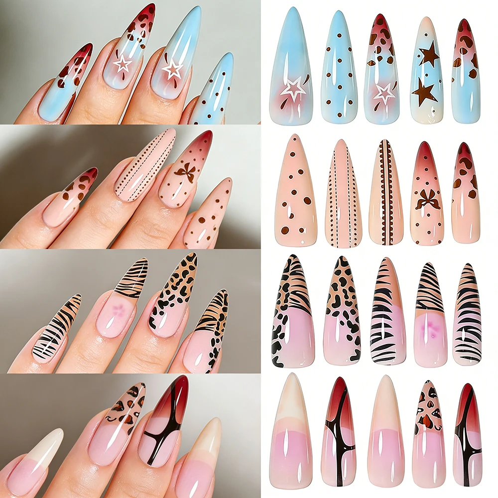 96pcs/Box Sexy Leopard Print Long Stiletto Press On Nails Cool Bow Line Pentagram Fake Nails Full Cover False Nails Set For Dec