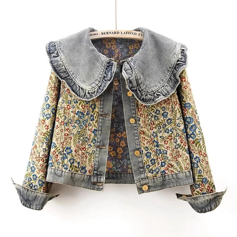 

Autumn Splice Jacquard Denim Coat Women Peter Pan Collar Single Breasted Vintage Short Jeans Jacket Female Loose Outwear B166