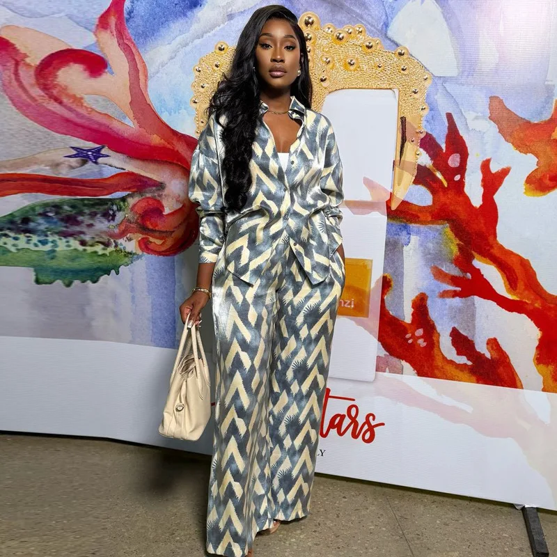 الموضة الأفريقية المرأة عادية العصرية فضفاضة مطبوعة 2 قطعة مجموعات بدوره إلى أسفل طوق قمصان طويلة الأكمام واسعة الساق بنطلون مستقيم #3