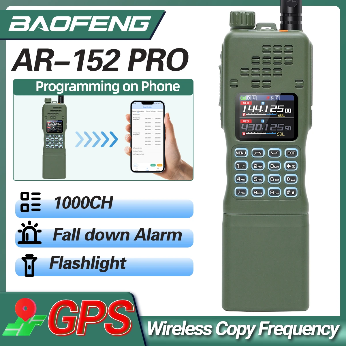 

BAOFENG AR-152 PRO GPS Многодиапазонная рация Bluetooth Программирование телефона 1000CH 12000 мАч Трехмощная DTMF Радиолюбитель дальнего действия