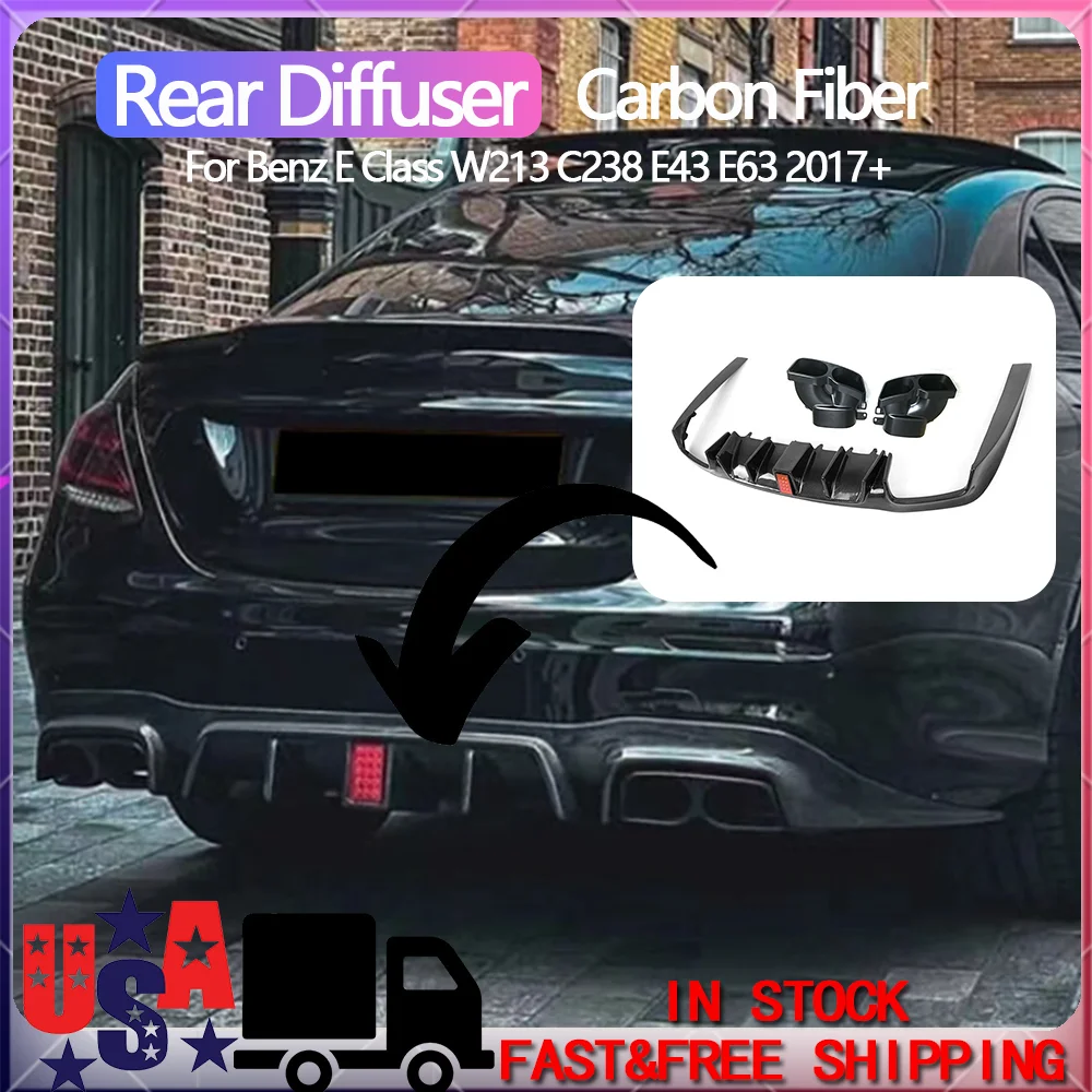 

Rear Bumper Lip Light Diffuser With Exhaust Tips Bosy Kits For Benz E Class W213 C238 E43 E63 2017+ Carbon Fiber Car Accessories