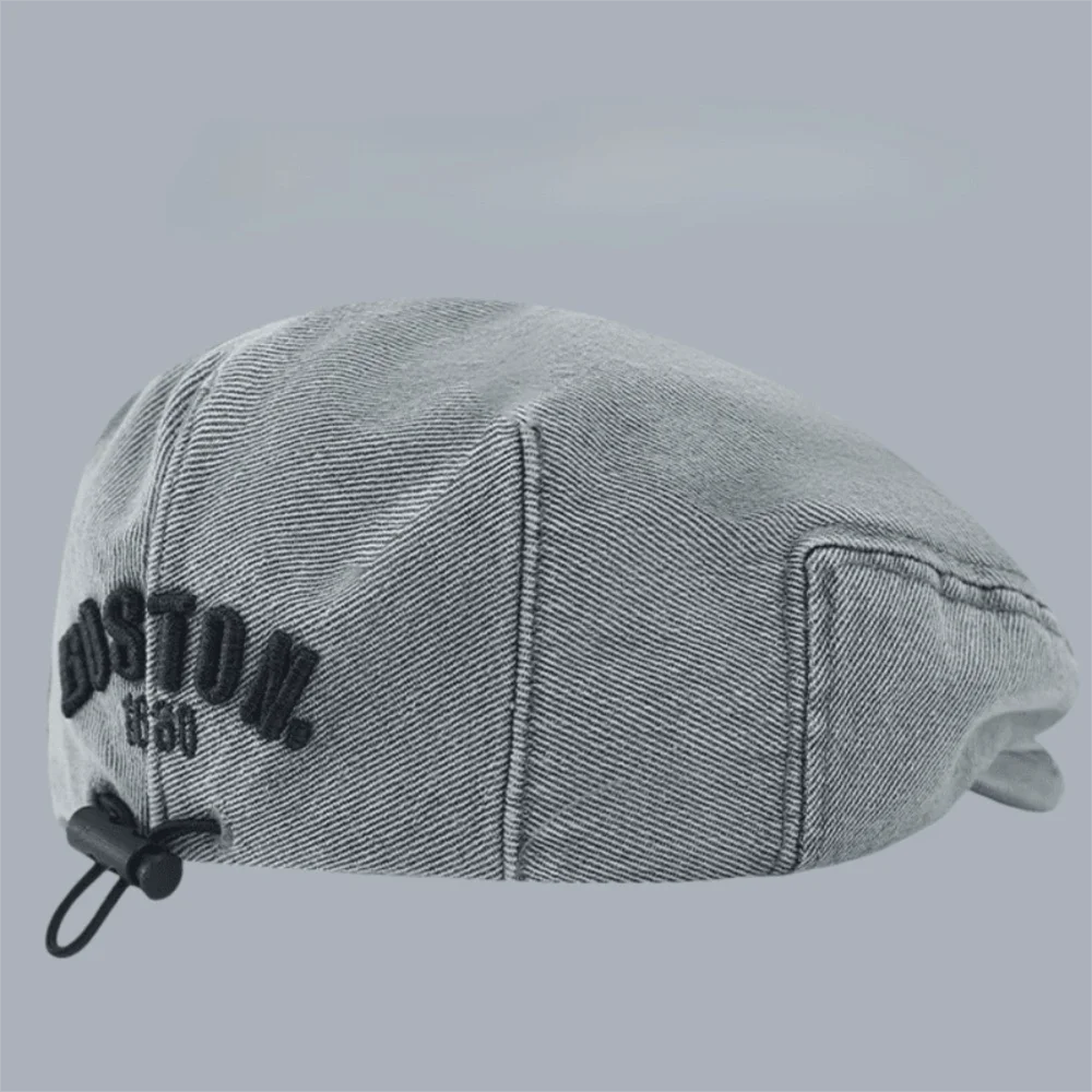 

Vintage Denim Beret Hat Letter Embroidered Breathable Peaked Caps Adjustable Drawstring Casual Duck Tongue Cap Spring Autumn