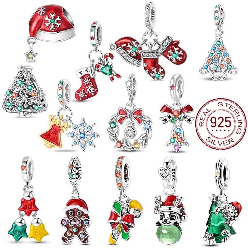 

925 Sterling Silver Snowman Beads Wreath Christmas Bell Charm Fit 3mm Women Bracelet DIY Accessories Christmas Gift Fine Jewelry