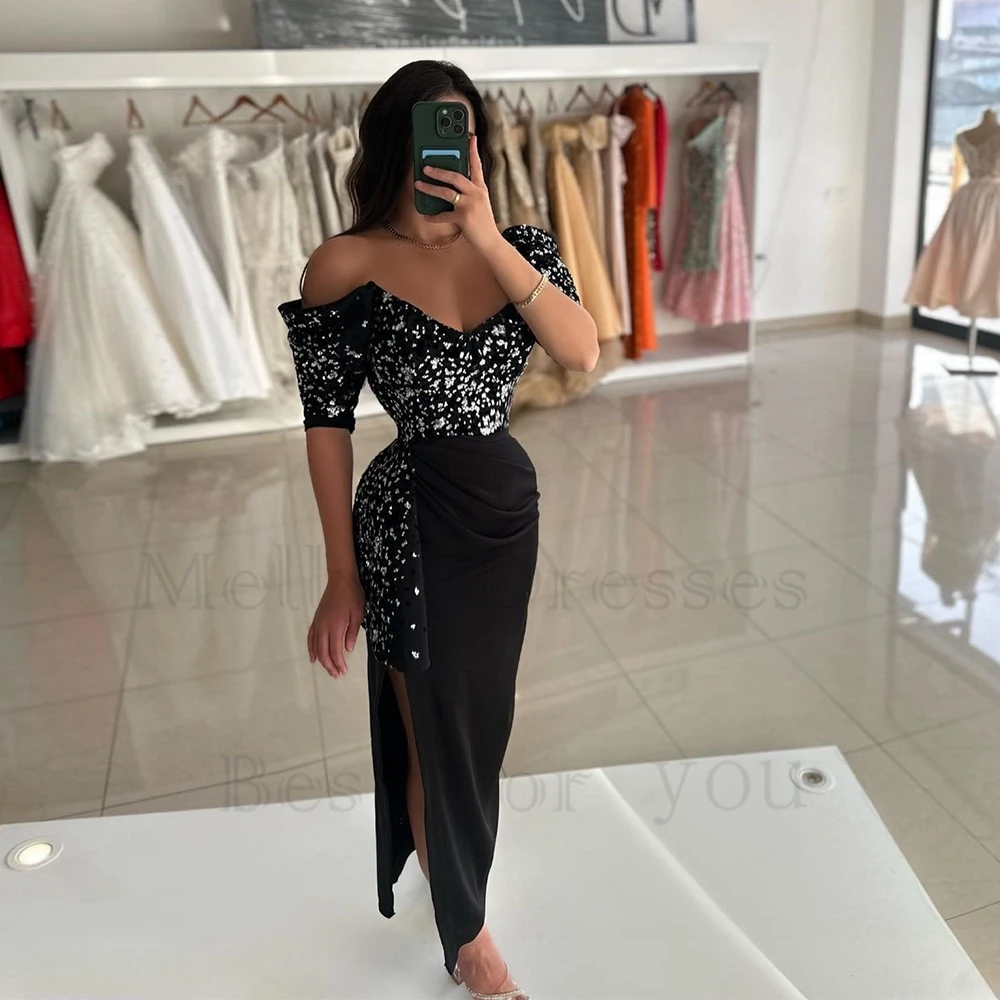 

Black Side Slit Strapless Evening Dresses for Women Off Shoulder Prom Gowns with Sequined 2024 Summer New Robe De Soirée Zipper