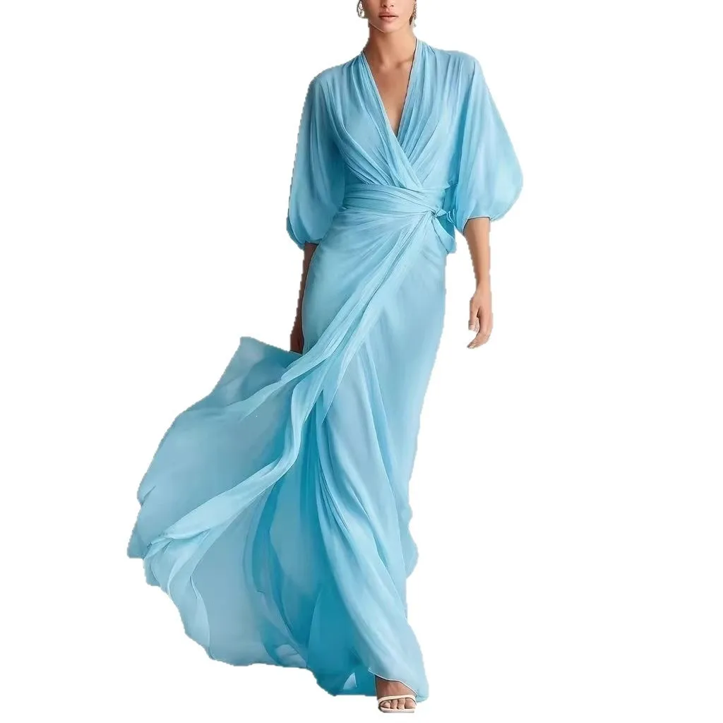 V Neck Full Skirt Dress High Waist Socialite Style Maxi Length Party Dress a Line Tie Closure Wrinkle Finish Daily for Women