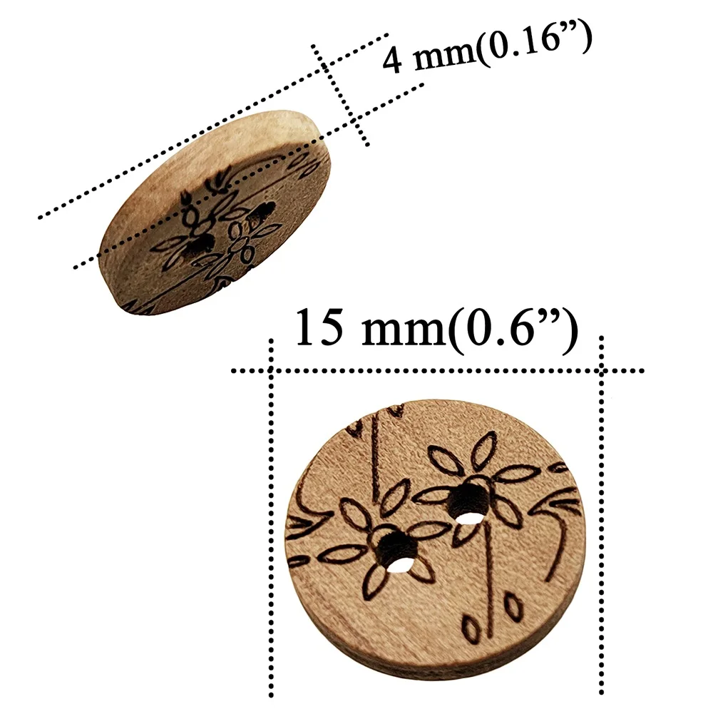 اللون الطبيعي الليزر زهرة مستديرة الانتفاخ أزرار خشبية الخياطة اكسسوارات الملابس الزخرفية 15 مللي متر Chinoiserie الخشب زر 2 حفرة