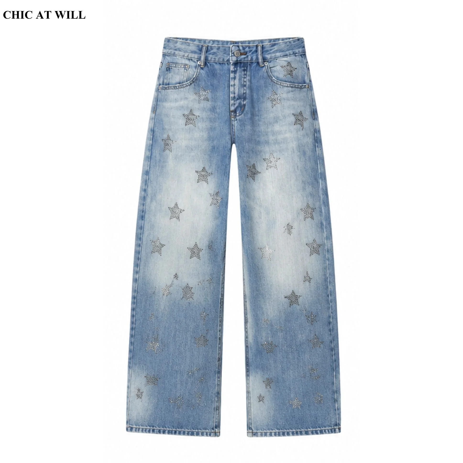 CHIC Vintage Star Rhinestone Studded Women's Jeans Trend Street Casual Loose Wide Leg Jeans Woman Denim Pants Boyfriend Trousers