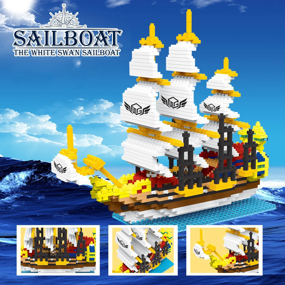 

Creative assembled white sailboat educational toy compatible with Lego particle building blocks and difficult model ornaments