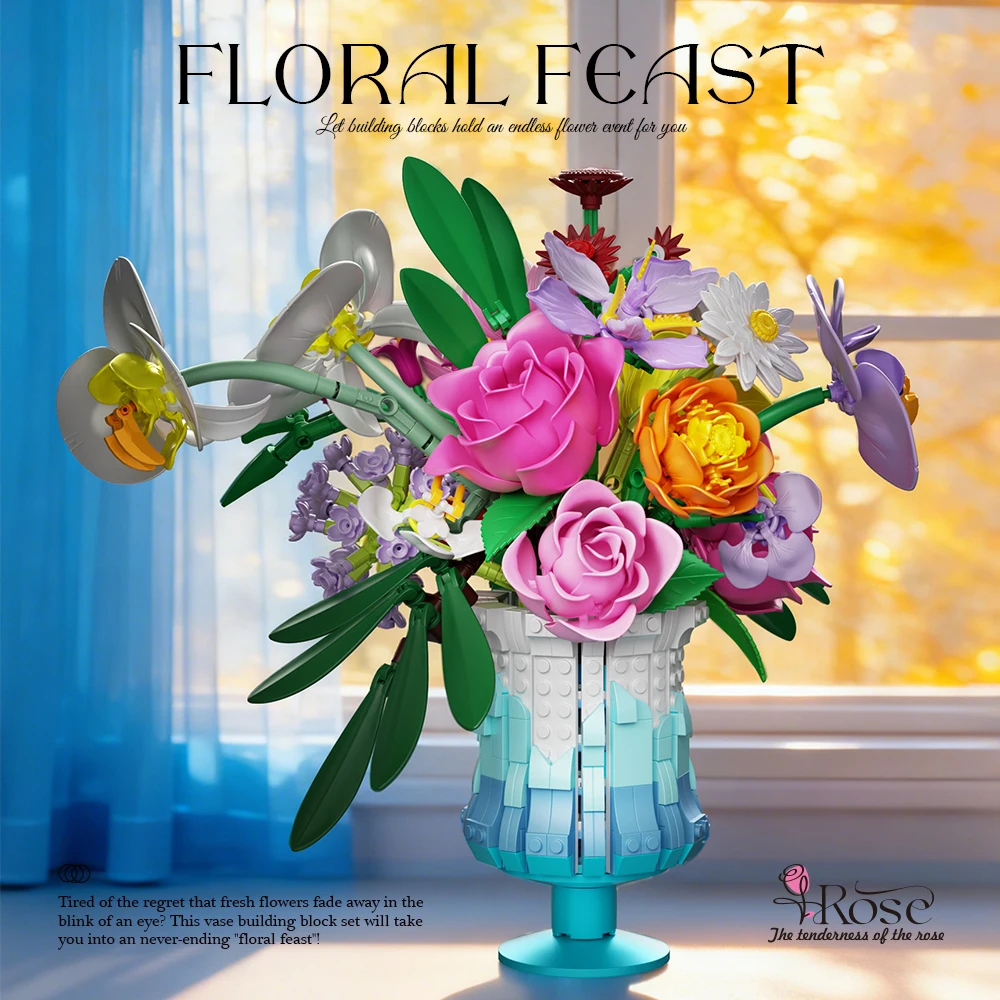 

956PCS Preserved Flowers Building Blocks Rose Daisy Lily Bouquet Vase Model Bricks Home Decoration Ornaments Kids Toys Gifts
