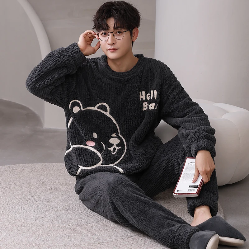 

Корейская зимняя фланелевая ночная рубашка для мужчин, брюки с длинными рукавами, 2 шт./компл., домашняя одежда из кораллового флиса, теплая одежда для сна для молодых мальчиков, L-5XL, пижамы