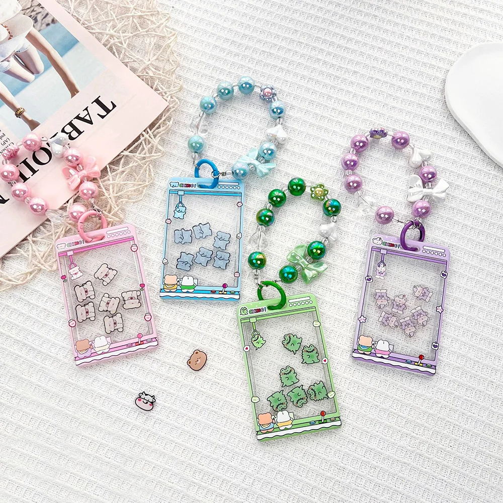 Transparent INS Style Card Protector Cover Colorful Beads Keychain Pendant Cartoon Photocard Cover Student ID Card Holder