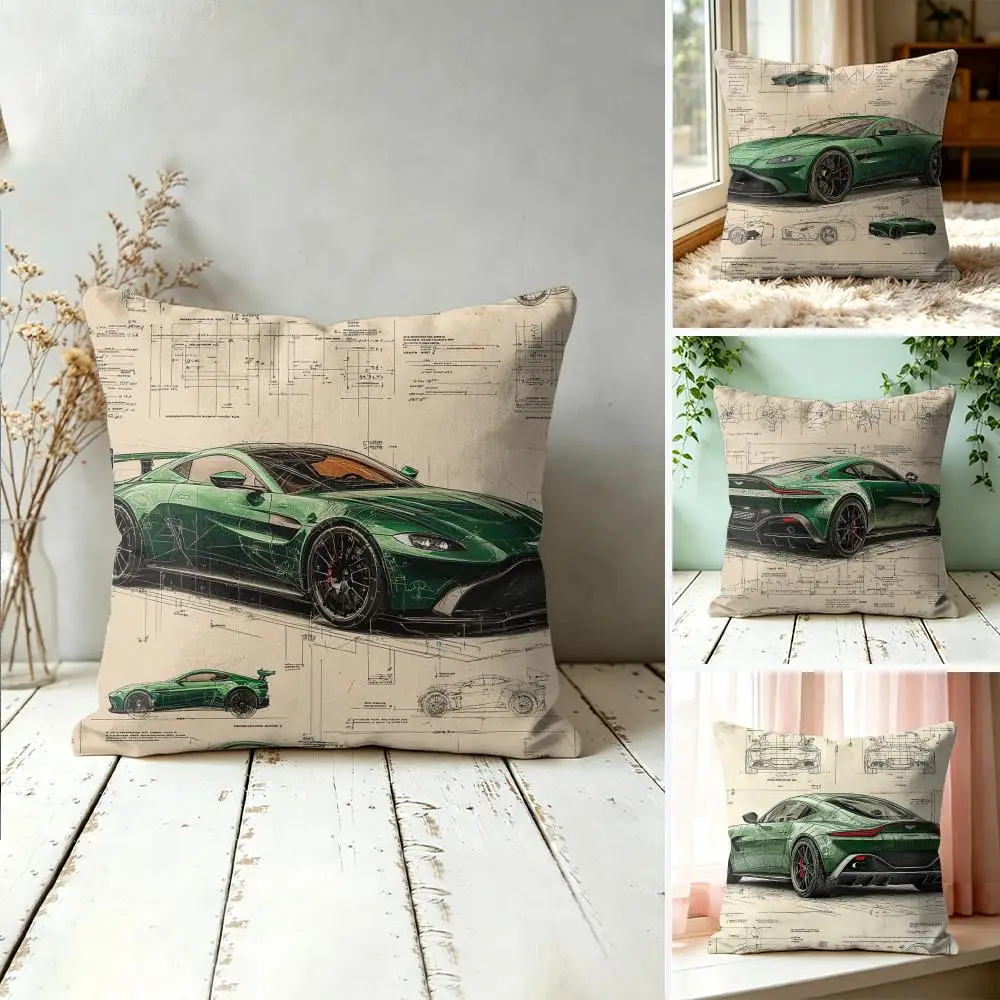 Sports Car Blueprint Sketch Cushion Cover Plush Fabric Soft Double-Sided Printed Sofa Warm Winter Home Gift Pillow Cover