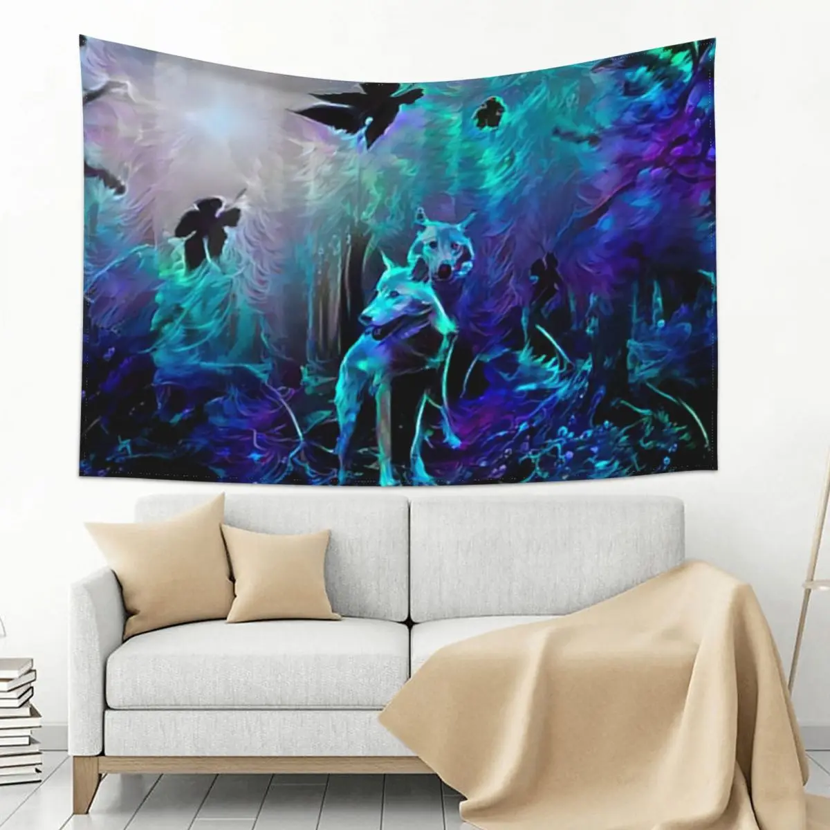 

Blacklight Night in Wolf Woods Tapestry