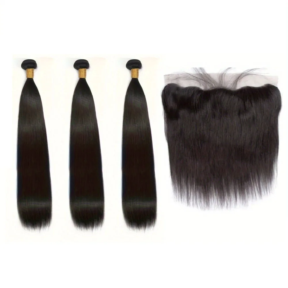 骨ストレート人毛バンドル、レース前頭ブラジリアンヘア織りバンドル、13x4 透明レース前頭閉鎖付き