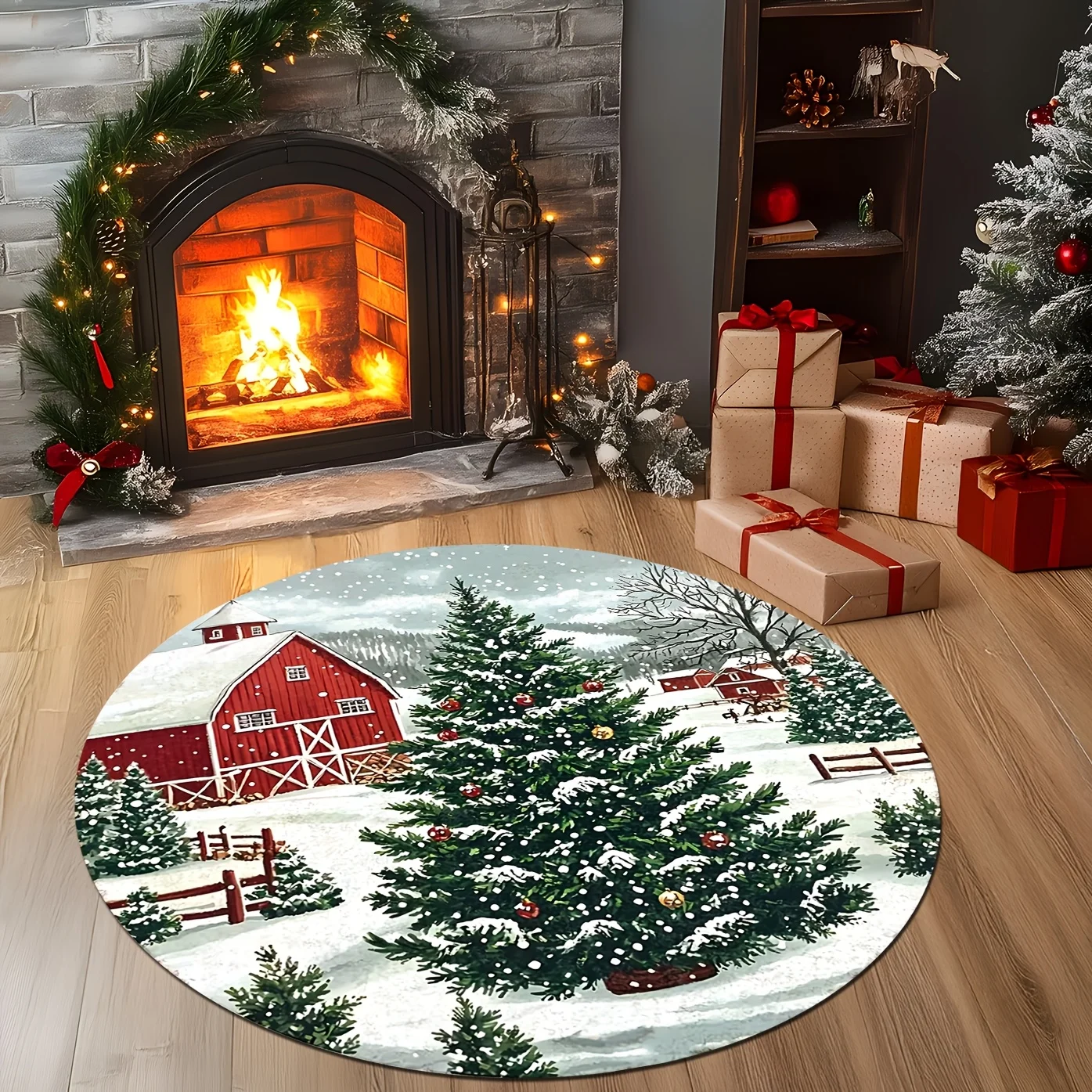 1pc 2D Flat Bell Christmas Tree Xmas Round Rug, Soft Water-Absorbent Mat for Entryway, Game Room, Living Room, Study