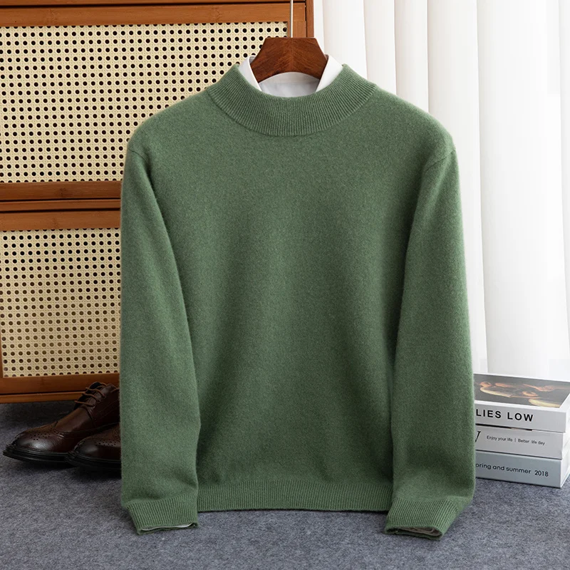 New Fashion Men\'s 100% Wool Pullover Half-high Collar Sweater Autumn Winter Warm Solid Color Knit Sweater Business Casual Top