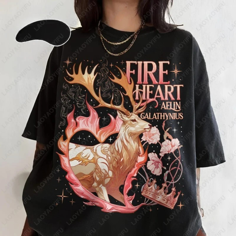 Fire Heart Aelin Galathynius Graphic Clothing Design Fantasy Deer with Crown and Flowers Tops Men Women Lady Cotton Funny Tshirt