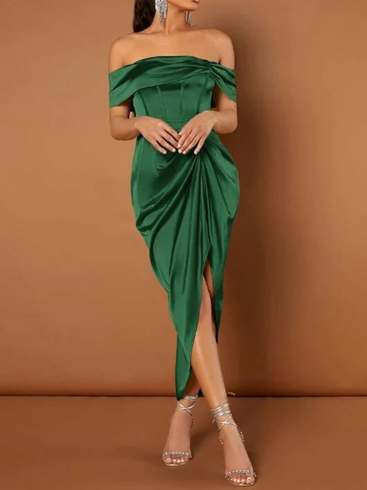 Verde Off spalla increspato orlo asimmetrico robe femme soirée abiti da sera da sera per le donne vestidos de ocasion formales