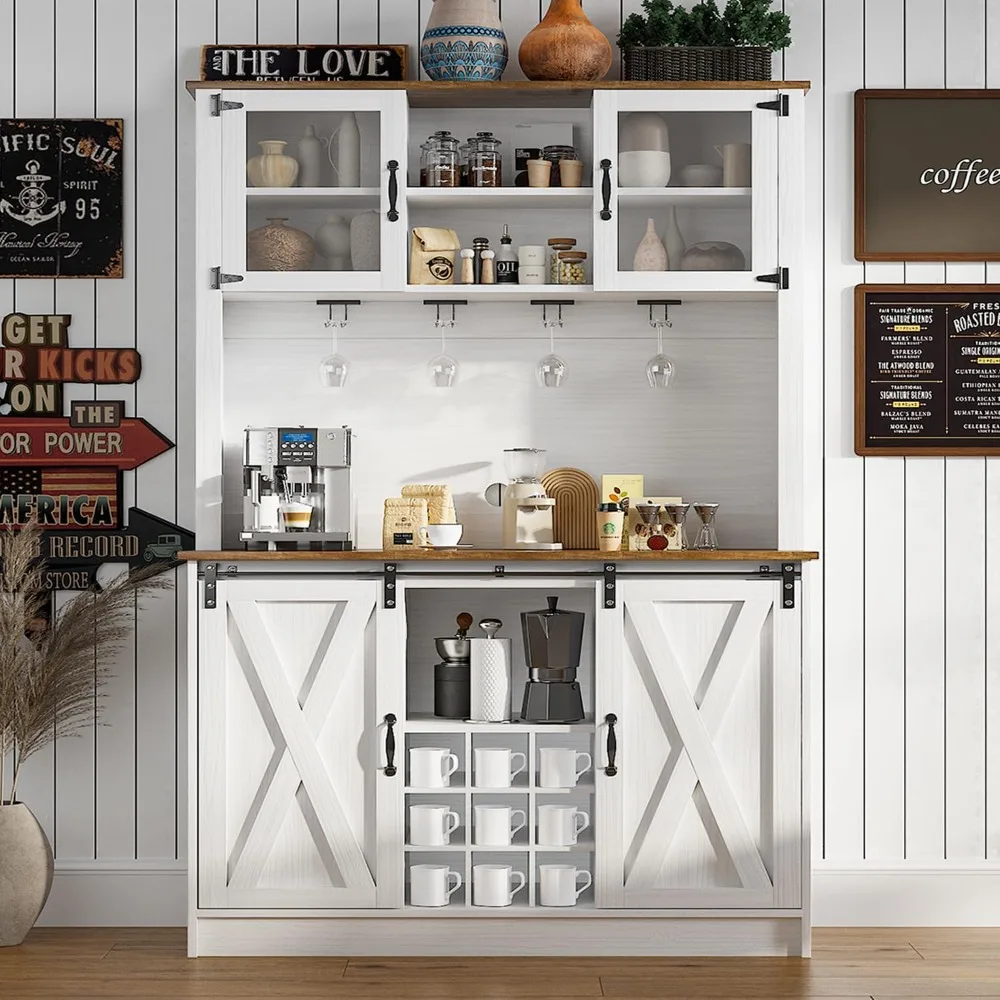 

Farmhouse Coffee Bar Cabinet with Hutch, 72'' White Hutch Cabinet with 2 Glass Doors, Tall Wine Bar Cabinet with 9 Wine Racks