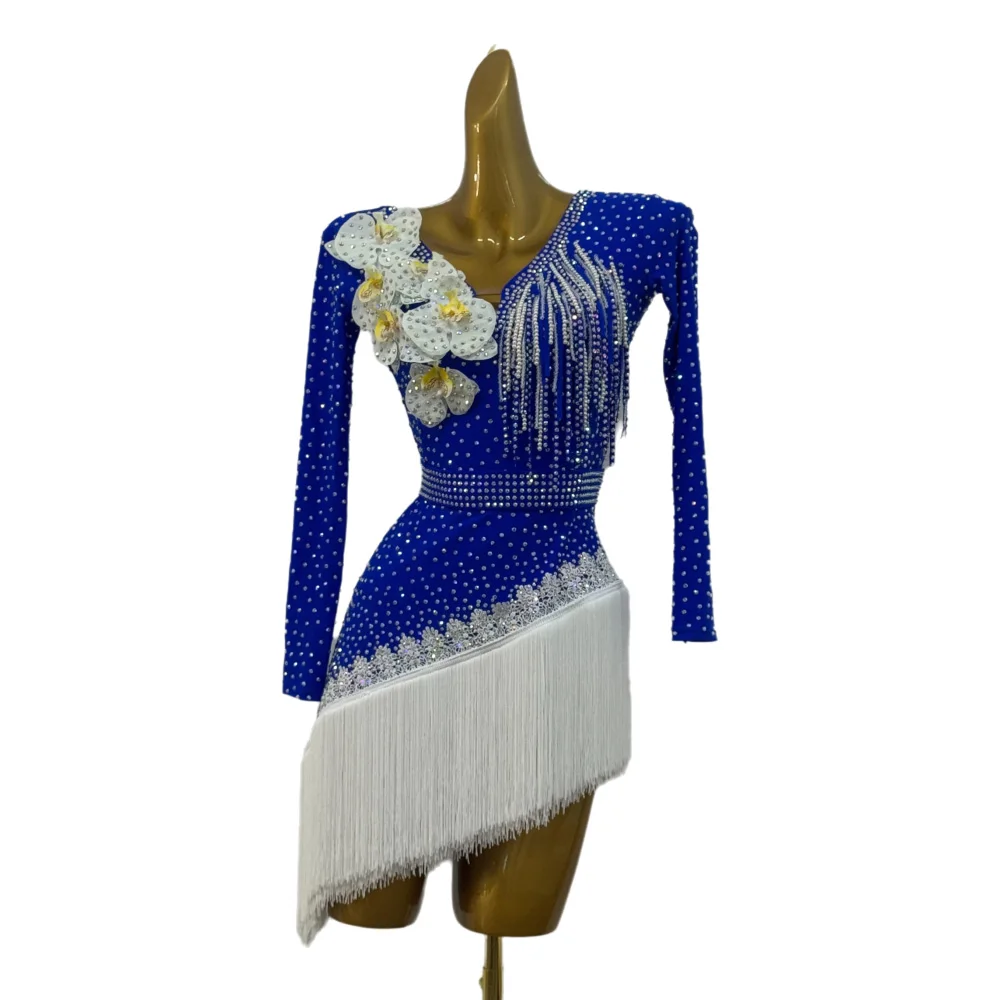 ملابس رقص اللاتينية AB Stone الإناث الكبار الأطفال الراقية مخصص الأبيض طوق شرابة تنورة سوداء بركة فستان السامبا